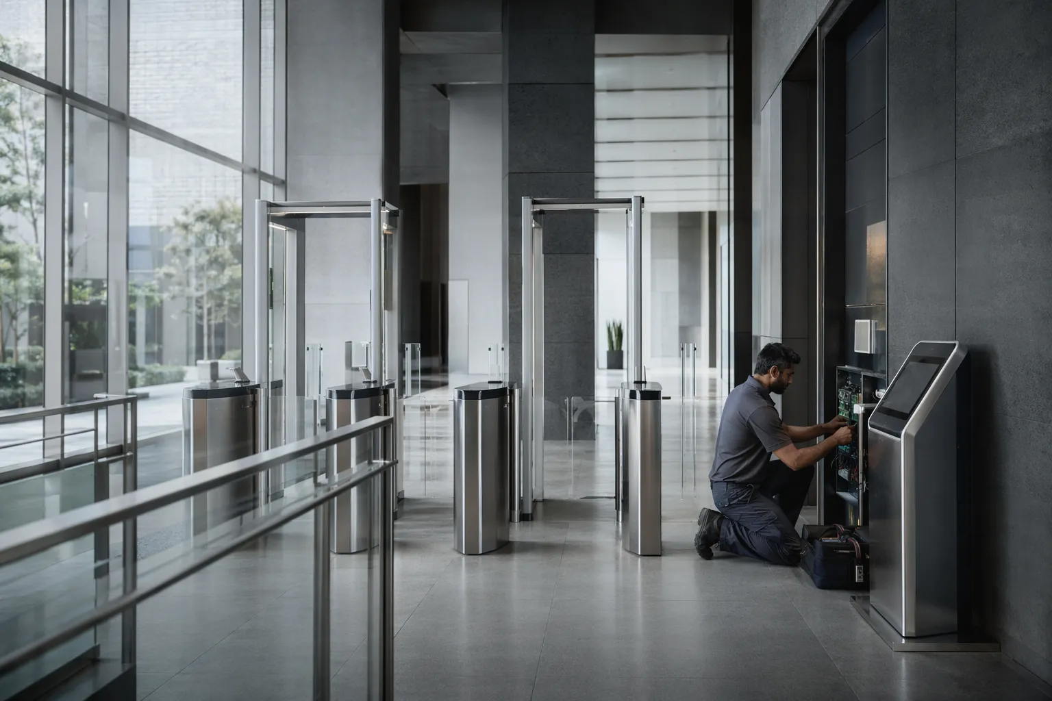 Corporate building entrance with security access control gates